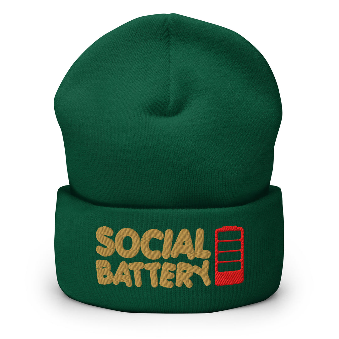 Green cuffed beanie with “Social Battery” embroidery and a red low-battery icon, shown from the front.