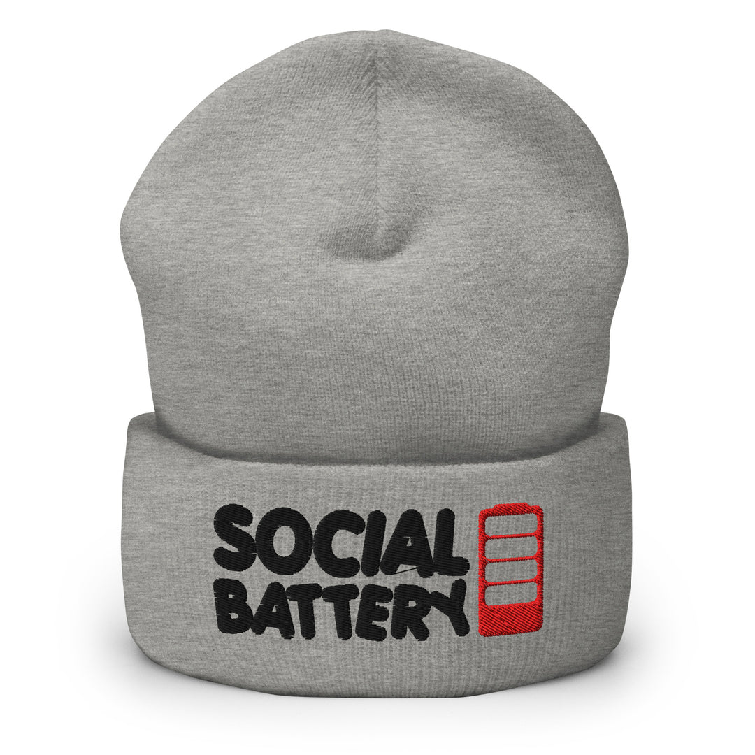Heather grey cuffed beanie with “Social Battery” embroidery and a red low-battery icon, shown from the front.