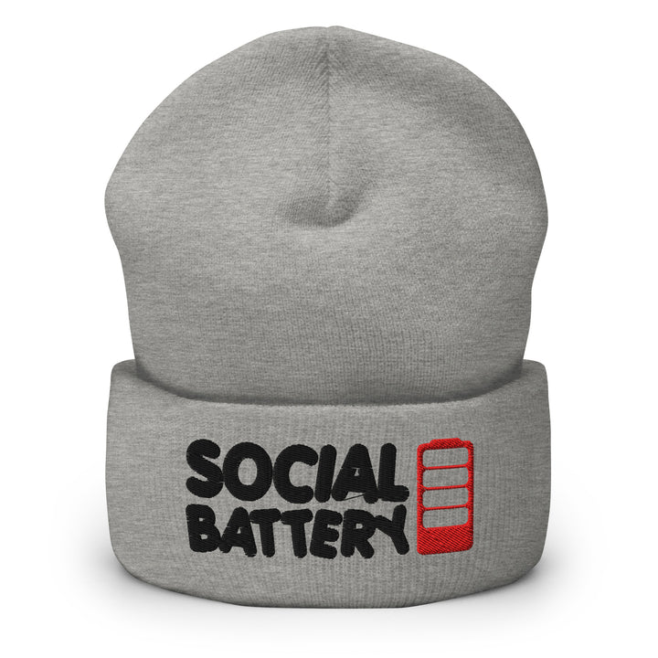 Heather grey cuffed beanie with “Social Battery” embroidery and a red low-battery icon, shown from the front.