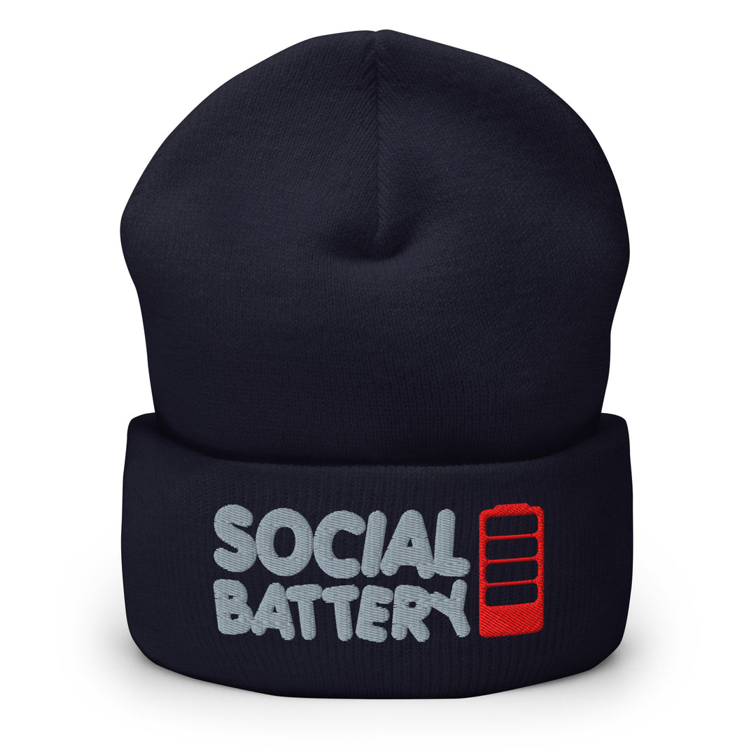Navy cuffed beanie with “Social Battery” embroidery and a red low-battery icon, shown from the front.