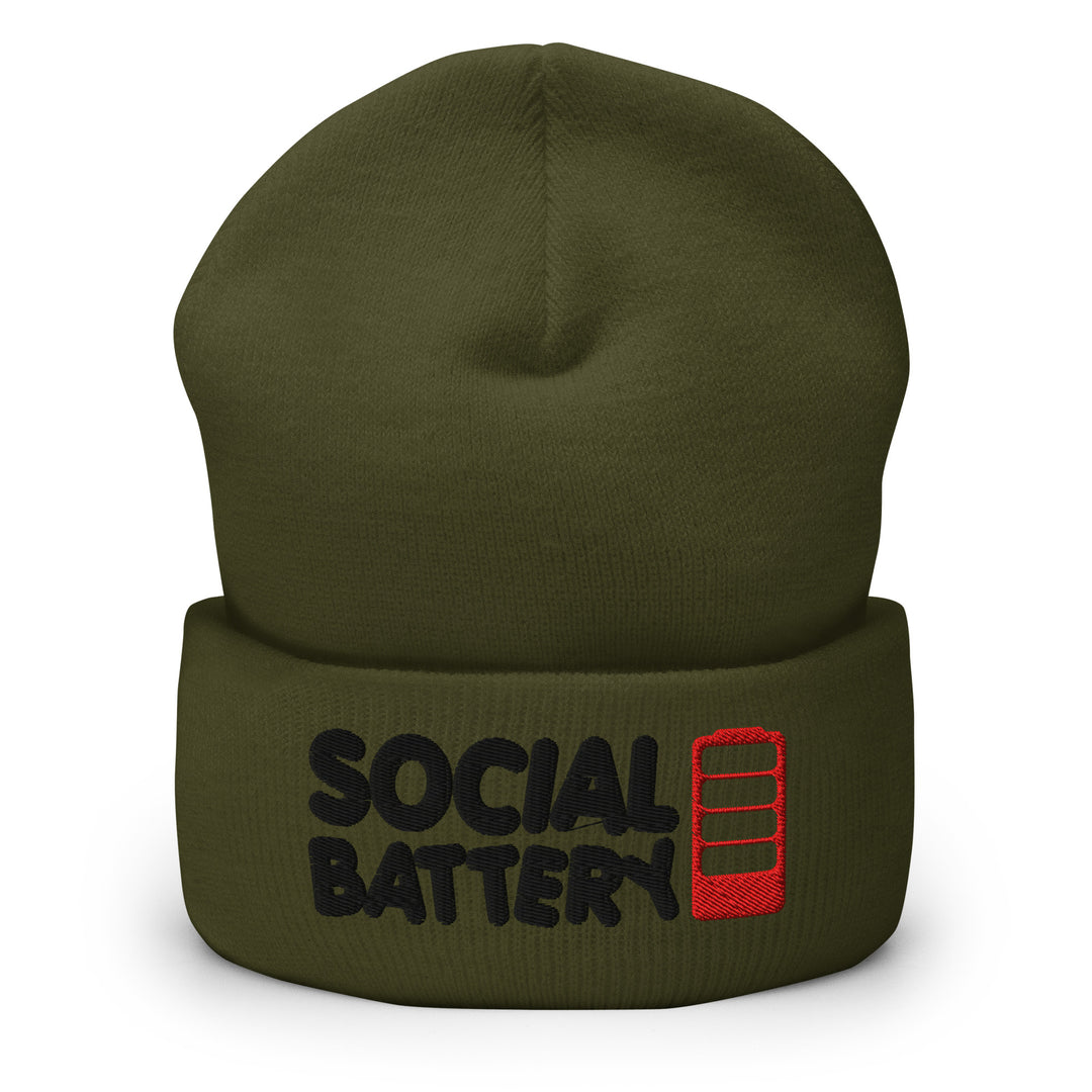 Olive cuffed beanie with “Social Battery” embroidery and a red low-battery icon, shown from the front.