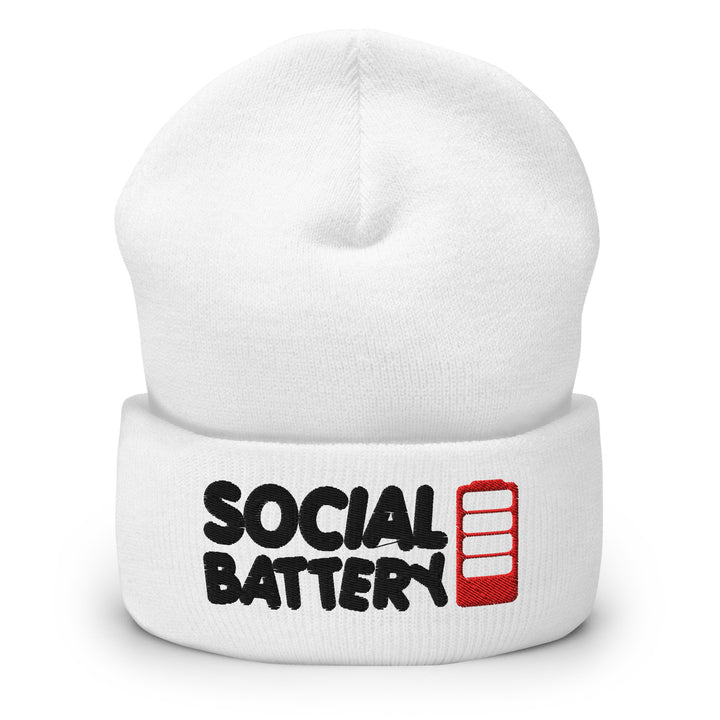 White cuffed beanie with “Social Battery” embroidery and a red low-battery icon, shown from the front.