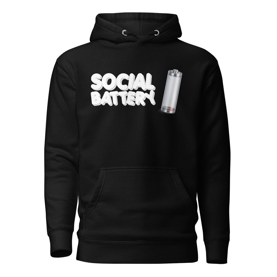 Front view mockup of the Social Battery hoodie in black with white text and a low-battery icon graphic.