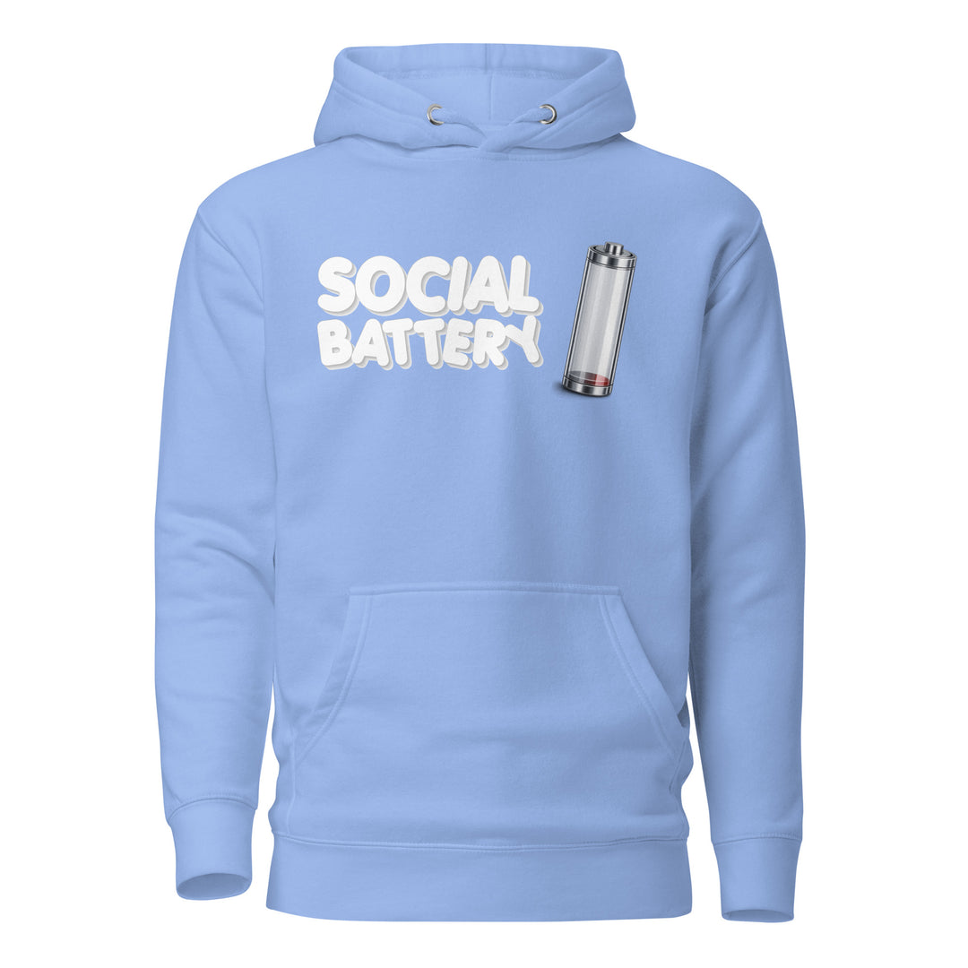Front view mockup of the Social Battery hoodie in carolina blue with white text and a low-battery icon graphic.