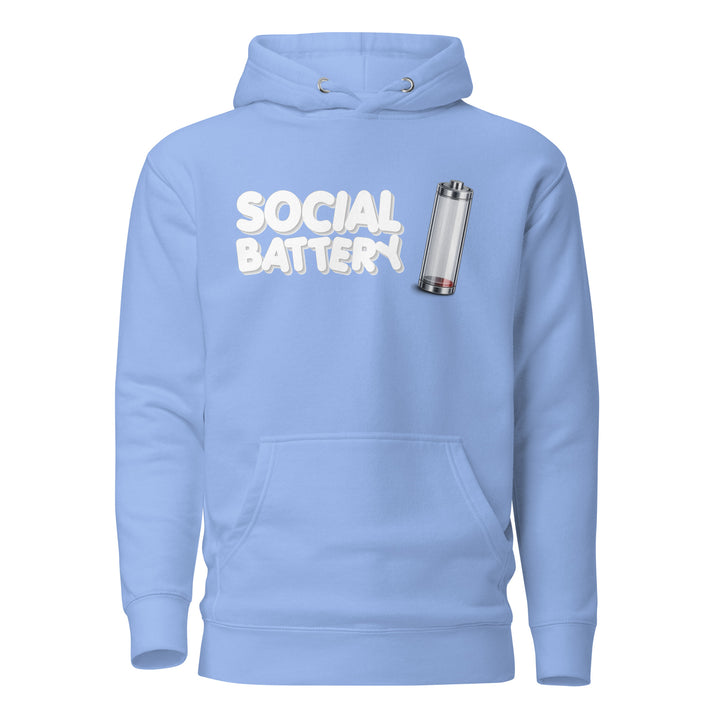 Front view mockup of the Social Battery hoodie in carolina blue with white text and a low-battery icon graphic.