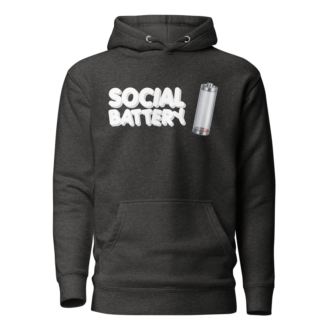 Front view mockup of the Social Battery hoodie in dark heather gray with white text and a low-battery icon graphic.
