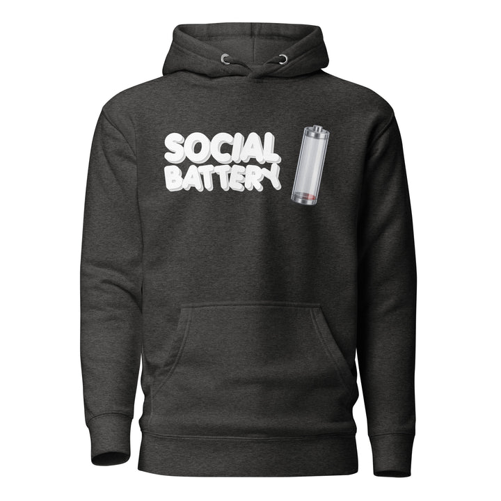 Front view mockup of the Social Battery hoodie in dark heather gray with white text and a low-battery icon graphic.