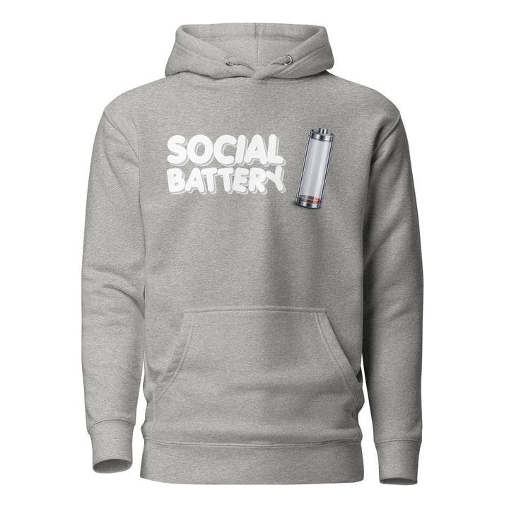 Front view mockup of the Social Battery hoodie in heather gray with white text and a low-battery icon graphic.