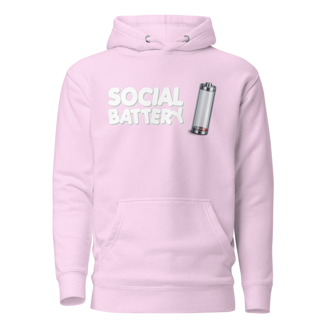 Front view mockup of the Social Battery hoodie in lavender with white text and a low-battery icon graphic.