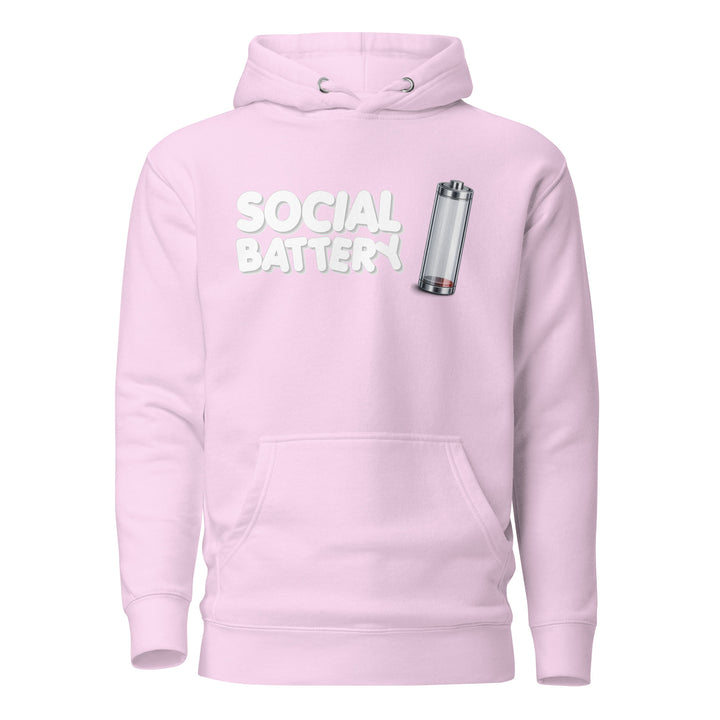 Front view mockup of the Social Battery hoodie in lavender with white text and a low-battery icon graphic.