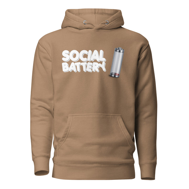 Front view mockup of the Social Battery hoodie in light brown with white text and a low-battery icon graphic.