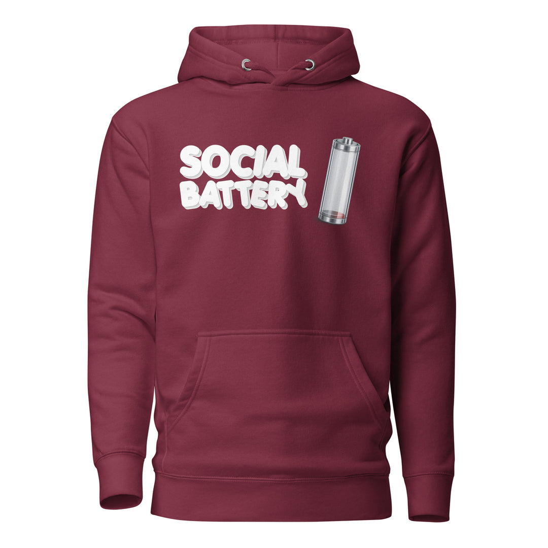 Front view mockup of the Social Battery hoodie in maroon with white text and a low-battery icon graphic.