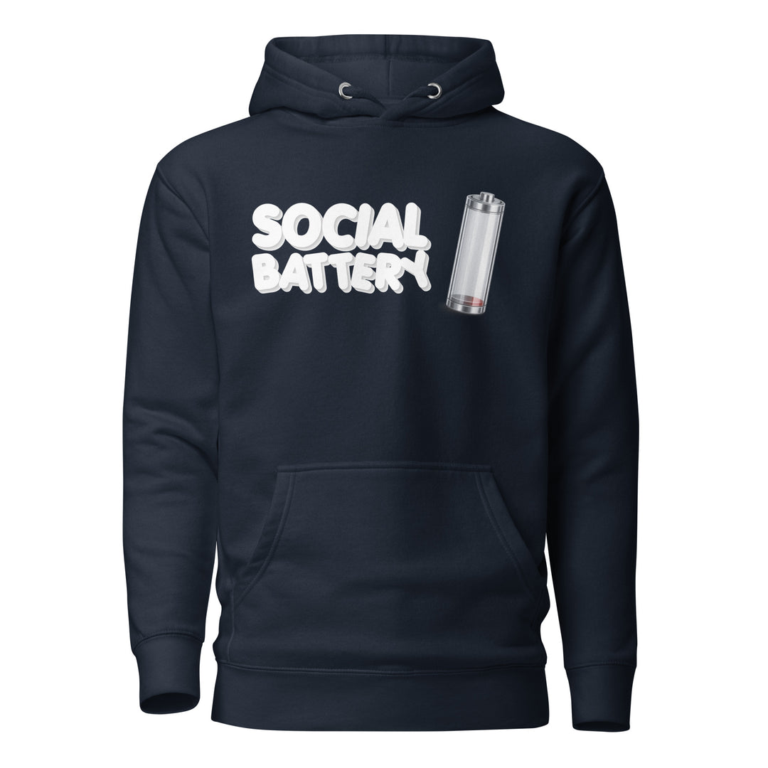 Front view mockup of the Social Battery hoodie in navy with white text and a low-battery icon graphic.