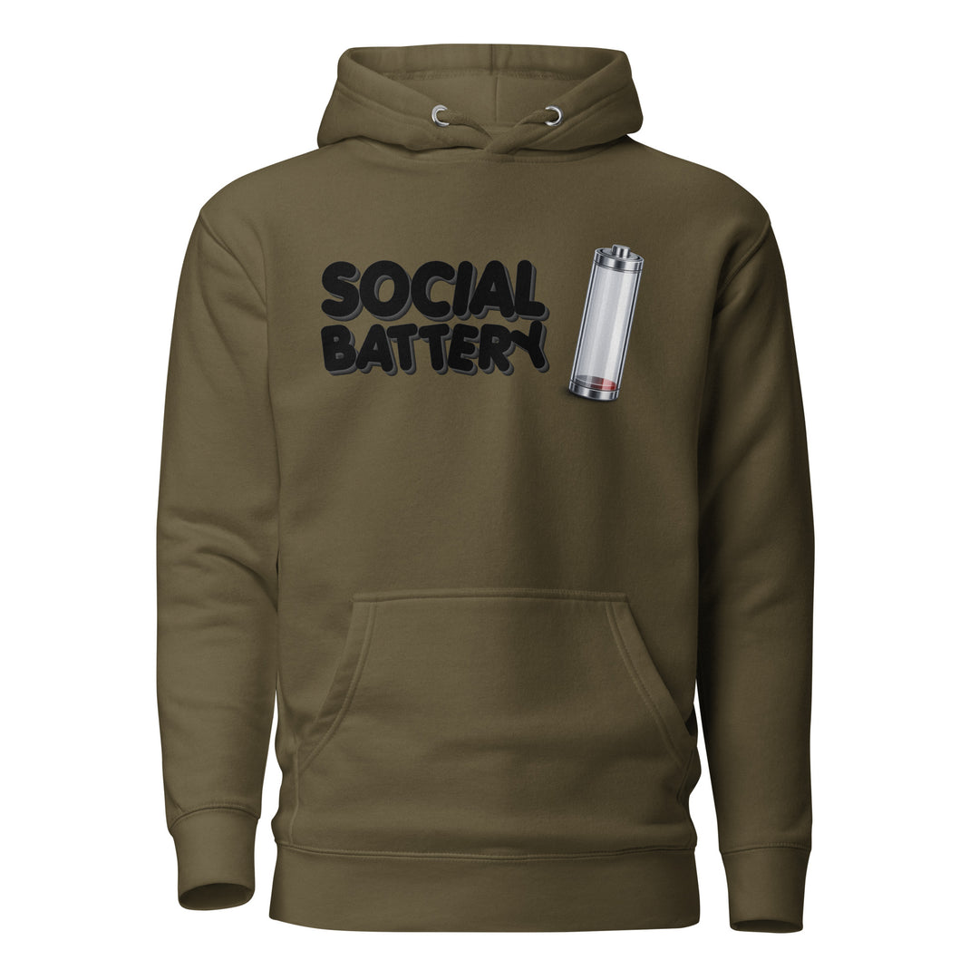 Front view mockup of the Social Battery hoodie in olive with black text and a low-battery icon graphic.