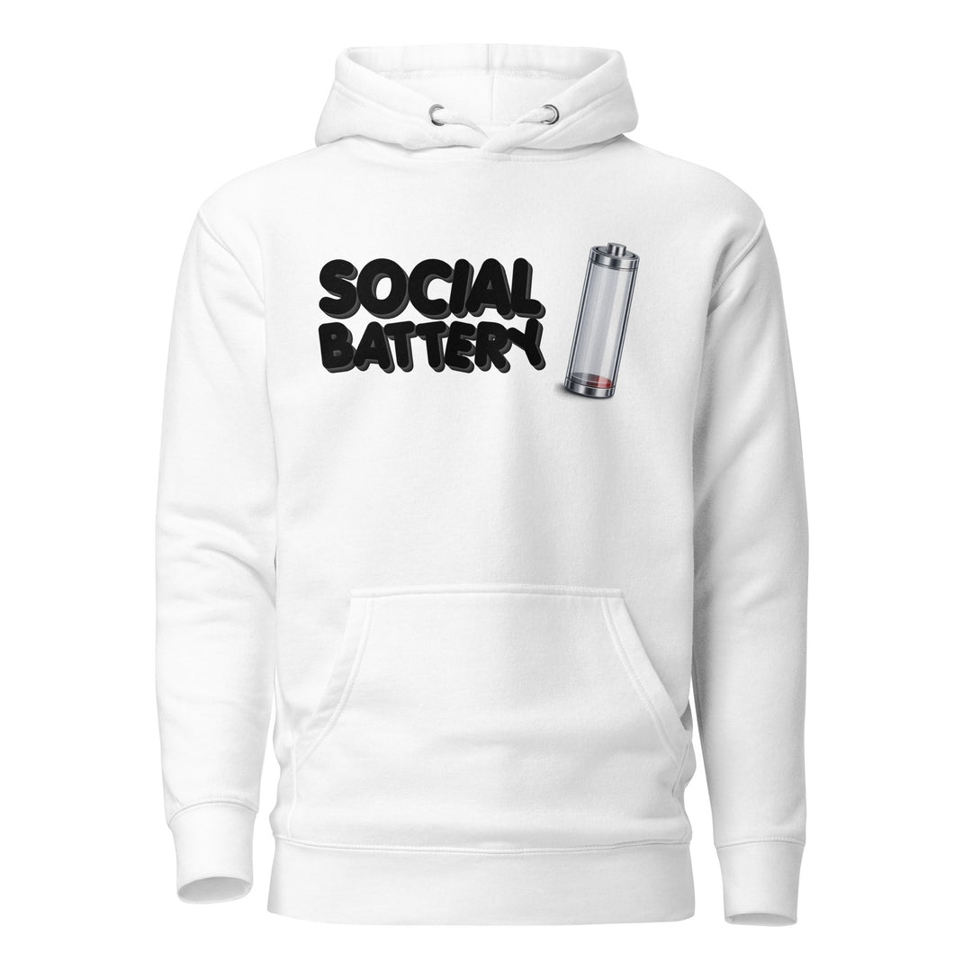 Front view mockup of the Social Battery hoodie in white with black text and a low-battery icon graphic.