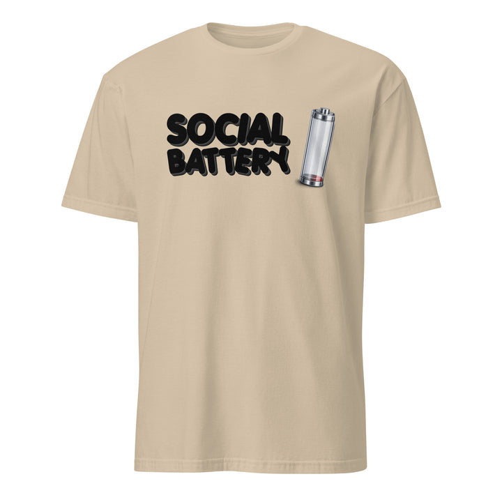 Beige unisex t-shirt featuring the “Social Battery” design with a low-charge battery icon, shown from the front.