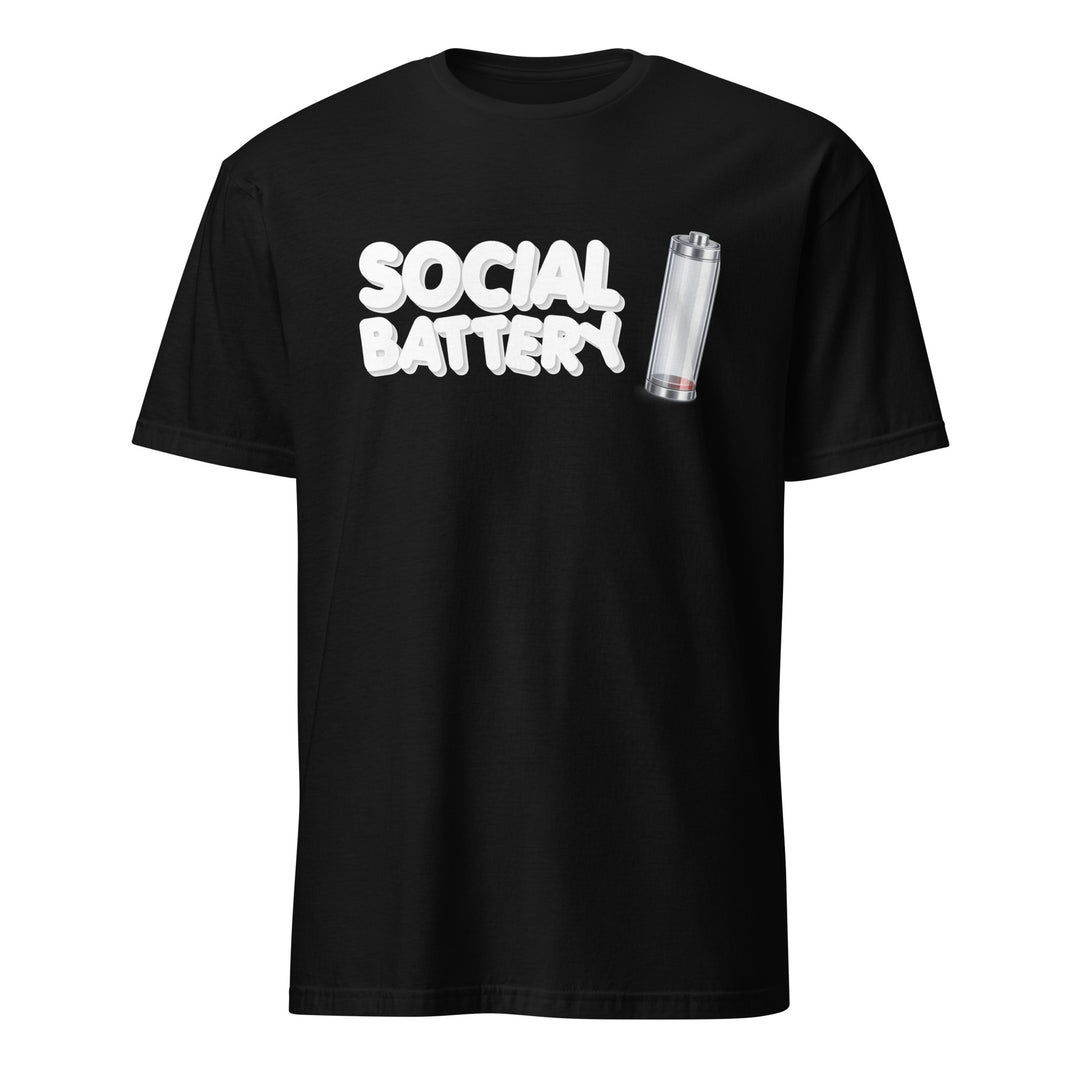 Black unisex t-shirt featuring the “Social Battery” design with a low-charge battery icon, shown from the front.