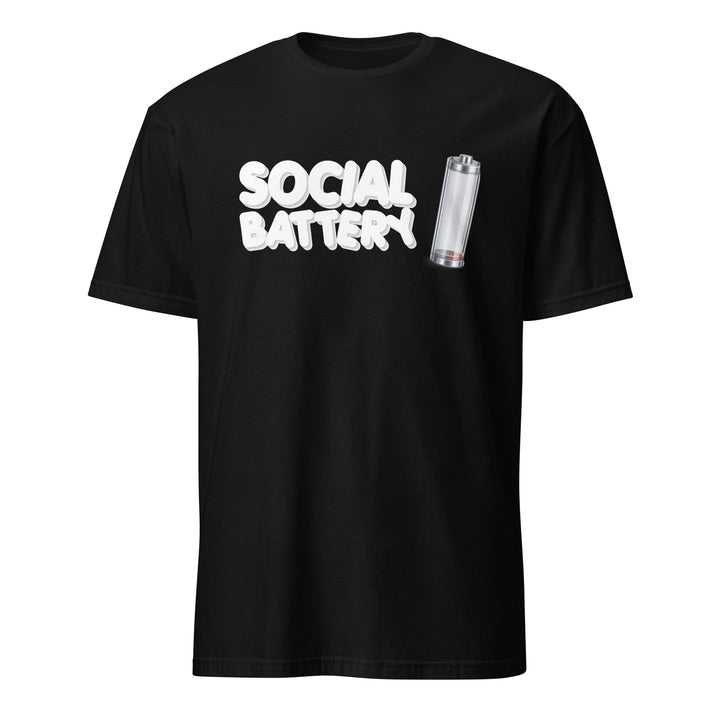 Black unisex t-shirt featuring the “Social Battery” design with a low-charge battery icon, shown from the front.