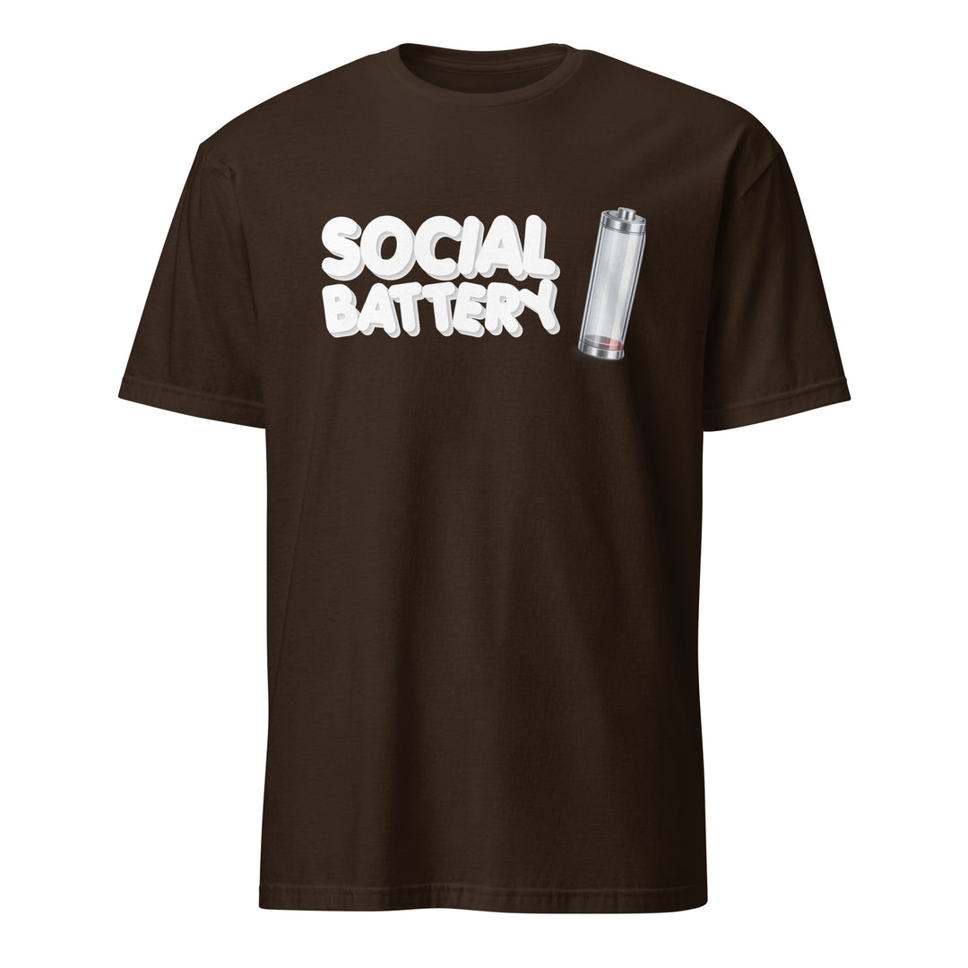 Brown unisex t-shirt featuring the “Social Battery” design with a low-charge battery icon, shown from the front.