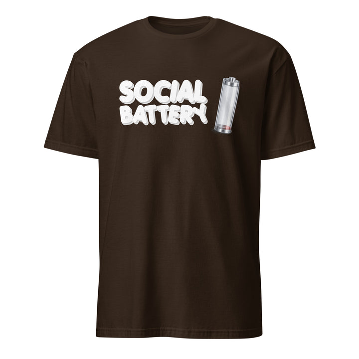 Brown unisex t-shirt featuring the “Social Battery” design with a low-charge battery icon, shown from the front.