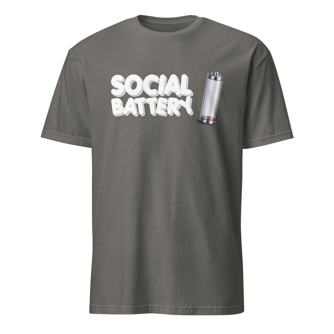 Charcoal unisex t-shirt featuring the “Social Battery” design with a low-charge battery icon, shown from the front.