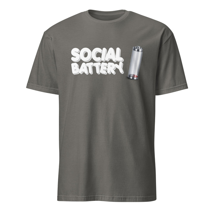 Charcoal unisex t-shirt featuring the “Social Battery” design with a low-charge battery icon, shown from the front.