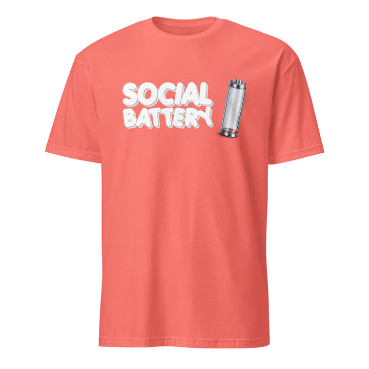 Coral unisex t-shirt featuring the “Social Battery” design with a low-charge battery icon, shown from the front.