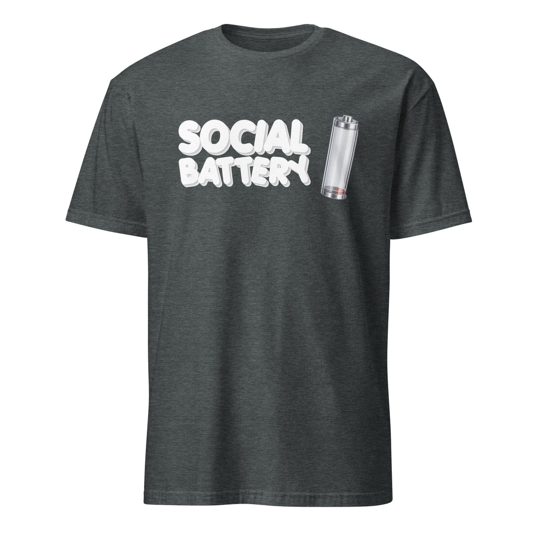 Heather charcoal unisex t-shirt featuring the “Social Battery” design with a low-charge battery icon, shown from the front.