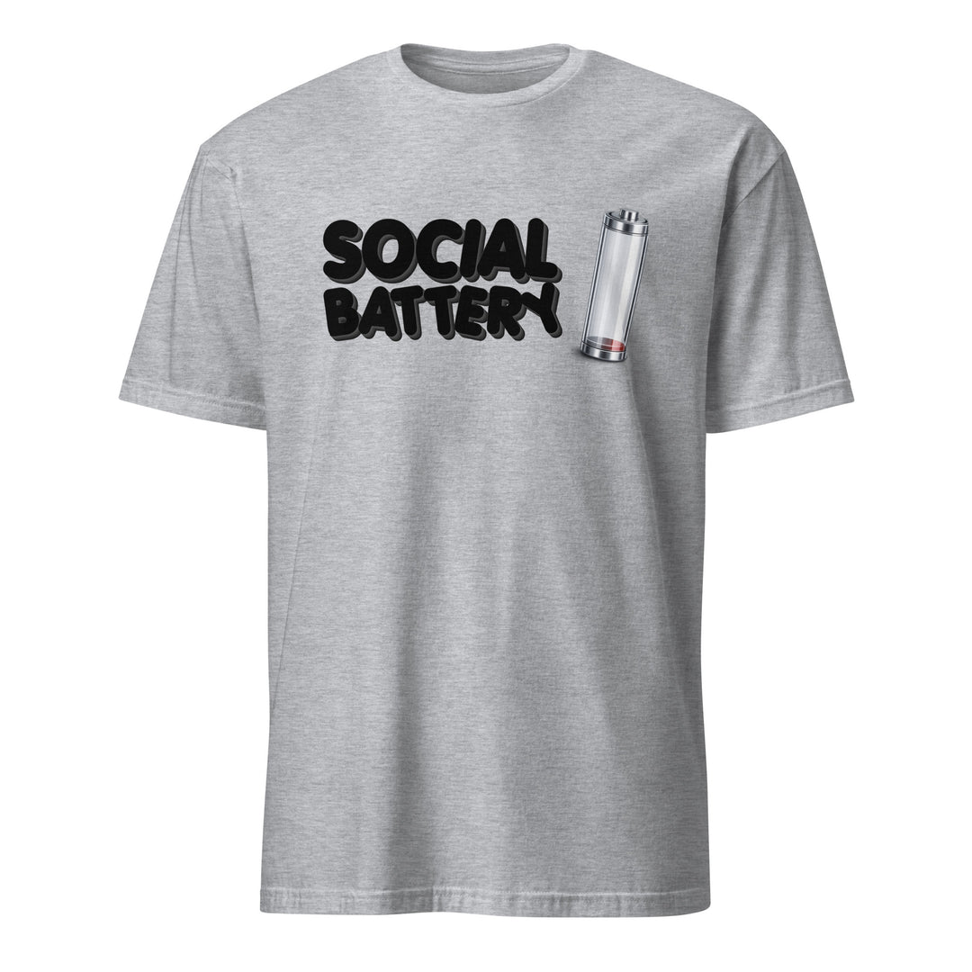 Heather light grey unisex t-shirt featuring the “Social Battery” design with a low-charge battery icon, shown from the front.
