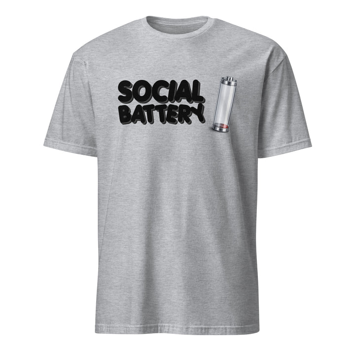 Heather light grey unisex t-shirt featuring the “Social Battery” design with a low-charge battery icon, shown from the front.