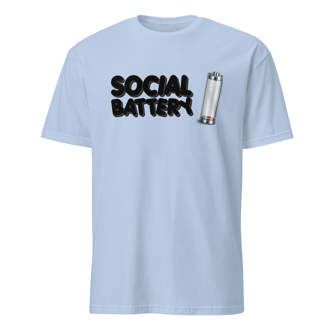 Light blue unisex t-shirt featuring the “Social Battery” design with a low-charge battery icon, shown from the front.