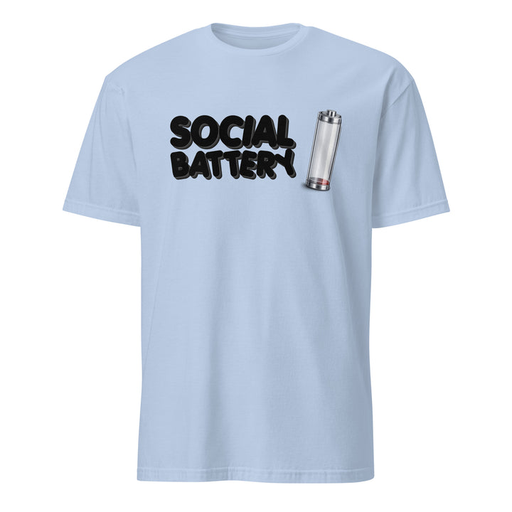 Light blue unisex t-shirt featuring the “Social Battery” design with a low-charge battery icon, shown from the front.