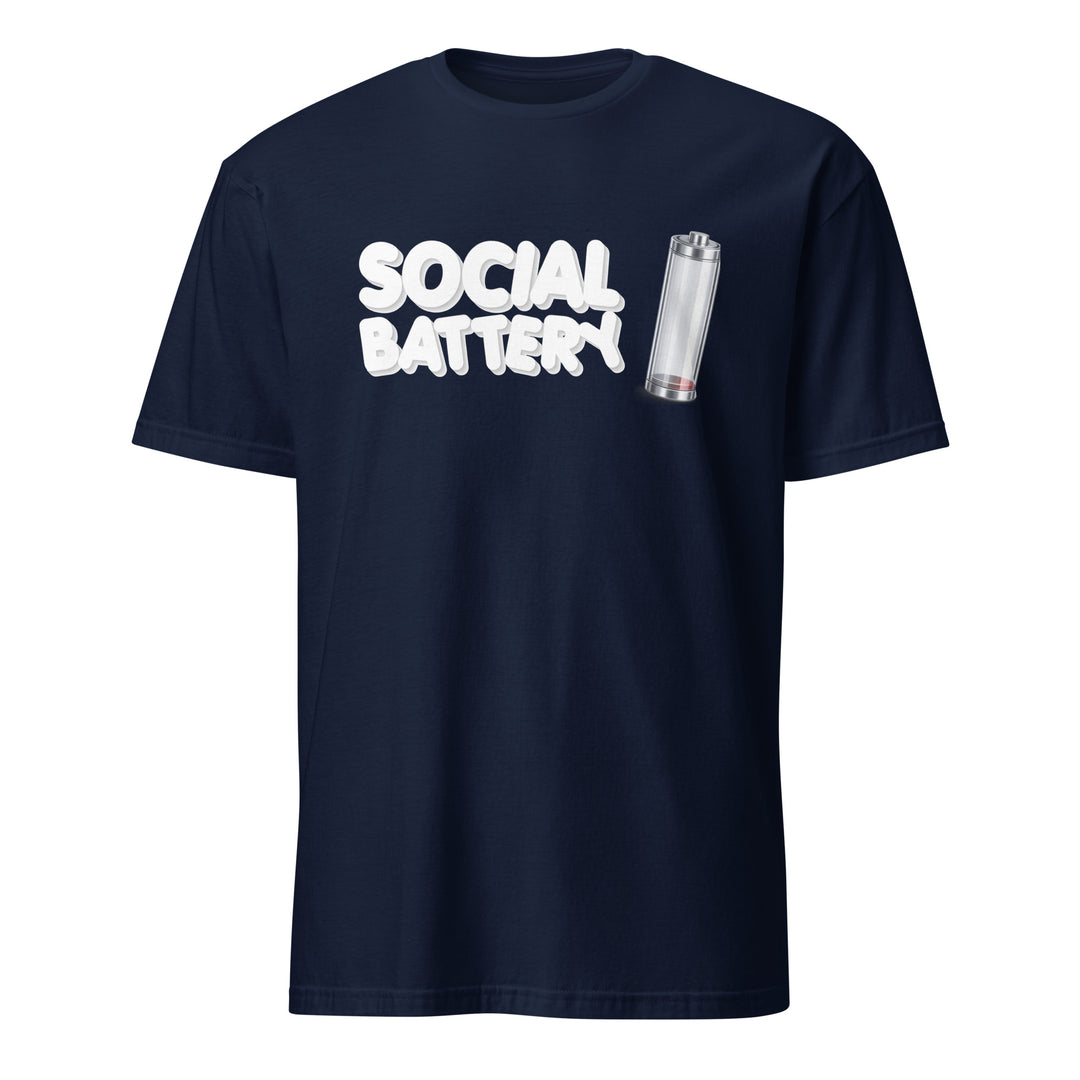 Navy unisex t-shirt featuring the “Social Battery” design with a low-charge battery icon, shown from the front.