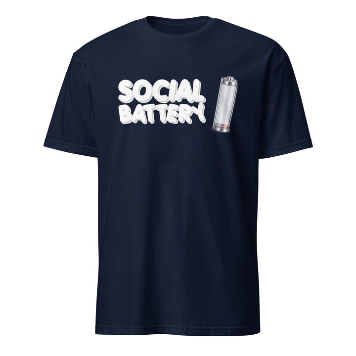 Navy unisex t-shirt featuring the “Social Battery” design with a low-charge battery icon, shown from the front.