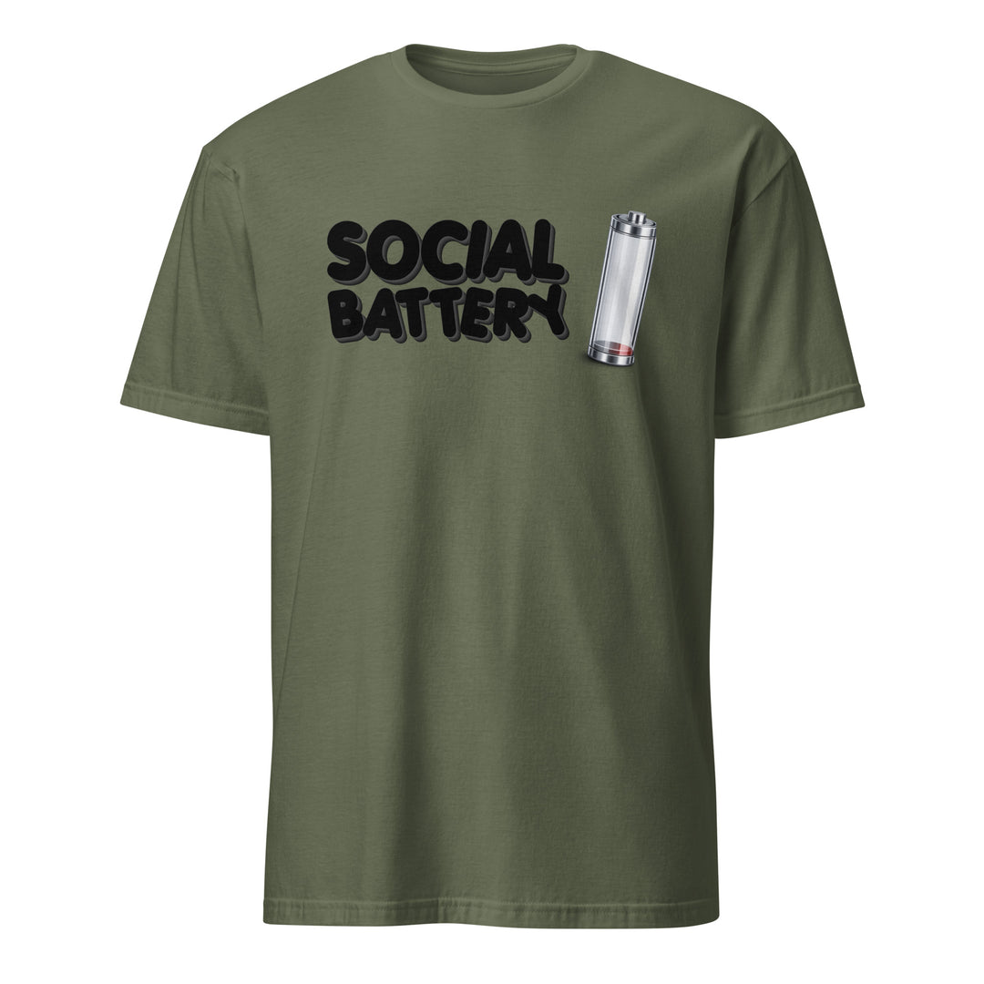 Olive unisex t-shirt featuring the “Social Battery” design with a low-charge battery icon, shown from the front.