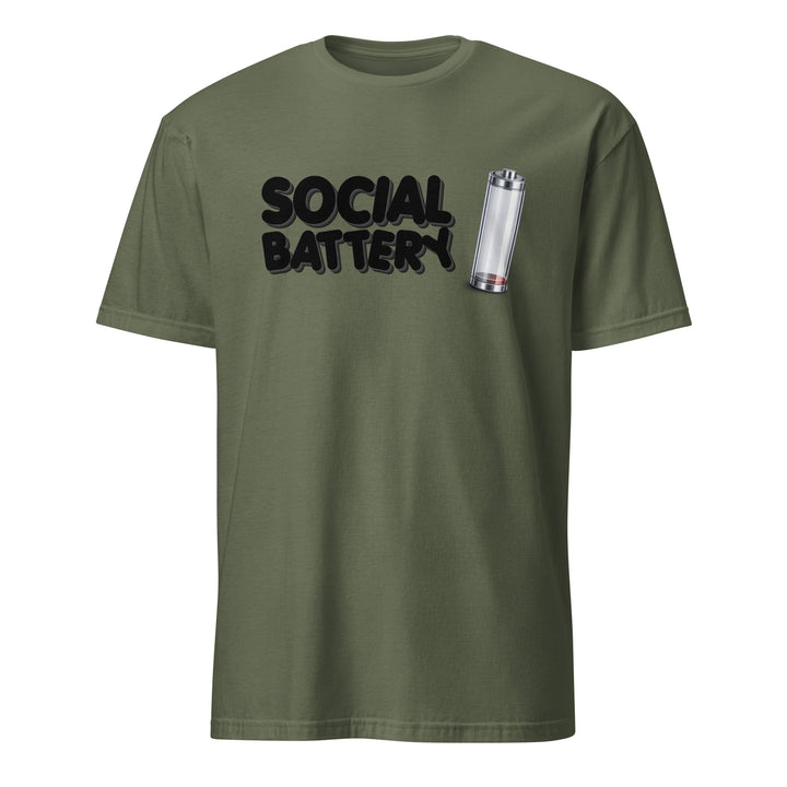 Olive unisex t-shirt featuring the “Social Battery” design with a low-charge battery icon, shown from the front.