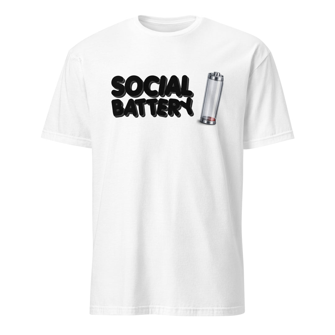 White unisex t-shirt featuring the “Social Battery” design with a low-charge battery icon, shown from the front.