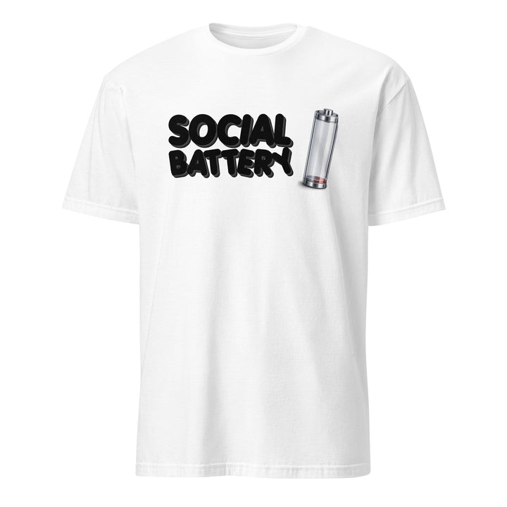White unisex t-shirt featuring the “Social Battery” design with a low-charge battery icon, shown from the front.