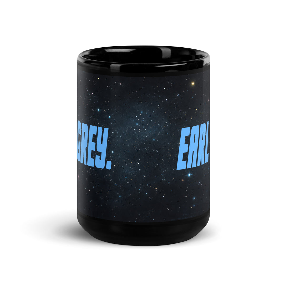Black 15 oz glossy mug with “Tea. Earl Grey. Hot.” design shown in centered front view.