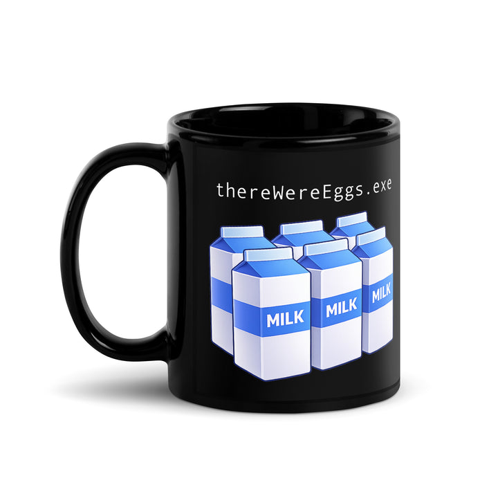 Right-side view of an 11 oz black ceramic mug displaying the “thereWereEggs.exe” text above six blue-and-white milk cartons, shown from the handle-left perspective.