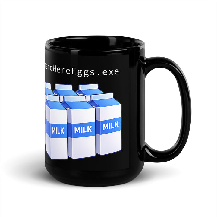 Left-side view of a 15 oz black ceramic mug featuring the “thereWereEggs.exe” design with six blue-and-white milk cartons on a glossy black background.