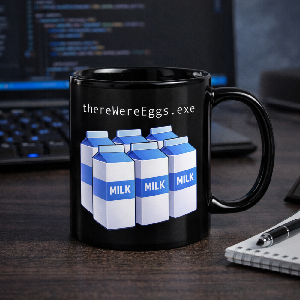Black ceramic mug featuring the text "thereWereEggs.exe" above six blue-and-white milk cartons, styled as a geek humor reference in a clean, modern lifestyle setting.
