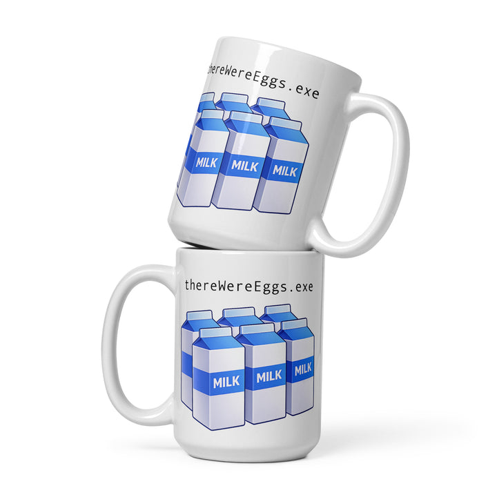 Lifestyle mockup of a 15 oz white ceramic mug featuring the “thereWereEggs.exe” design with six blue-and-white milk cartons, shown as a stacked mug arrangement on a white background.