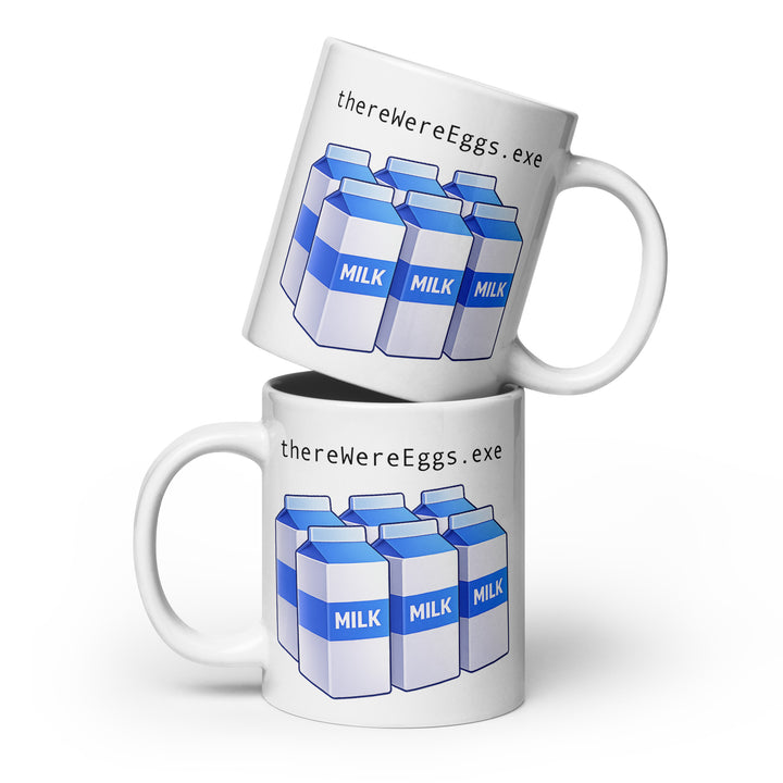Lifestyle mockup of a 20 oz white ceramic mug featuring the “thereWereEggs.exe” design with six blue-and-white milk cartons, shown as a stacked mug arrangement on a white background.