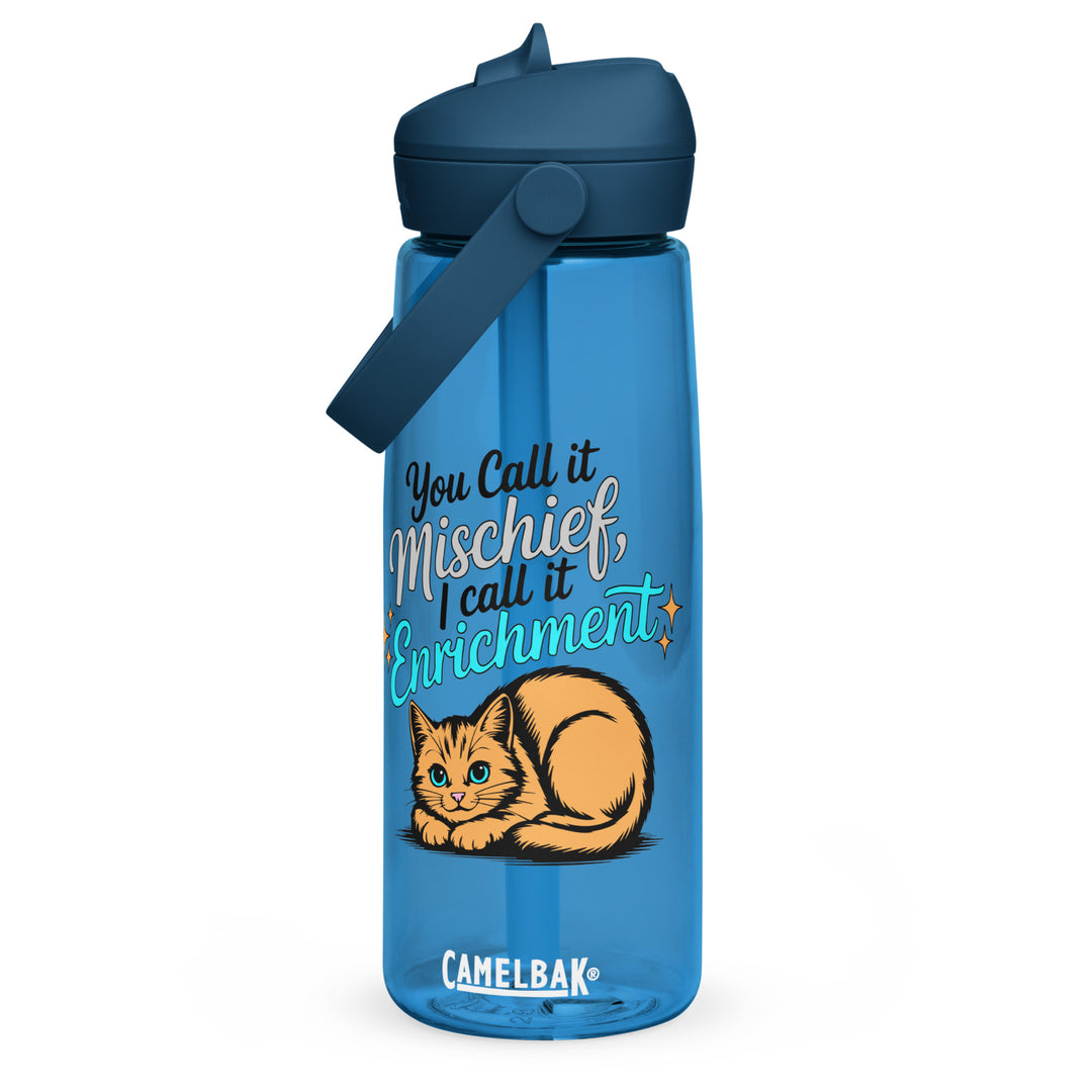 Blue Camelbak flip-straw water bottle with “You Call it Mischief, I Call it Enrichment” orange cat design shown from the front.