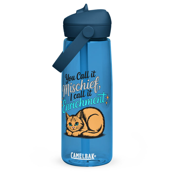 Blue Camelbak flip-straw water bottle with “You Call it Mischief, I Call it Enrichment” orange cat design shown from the front.