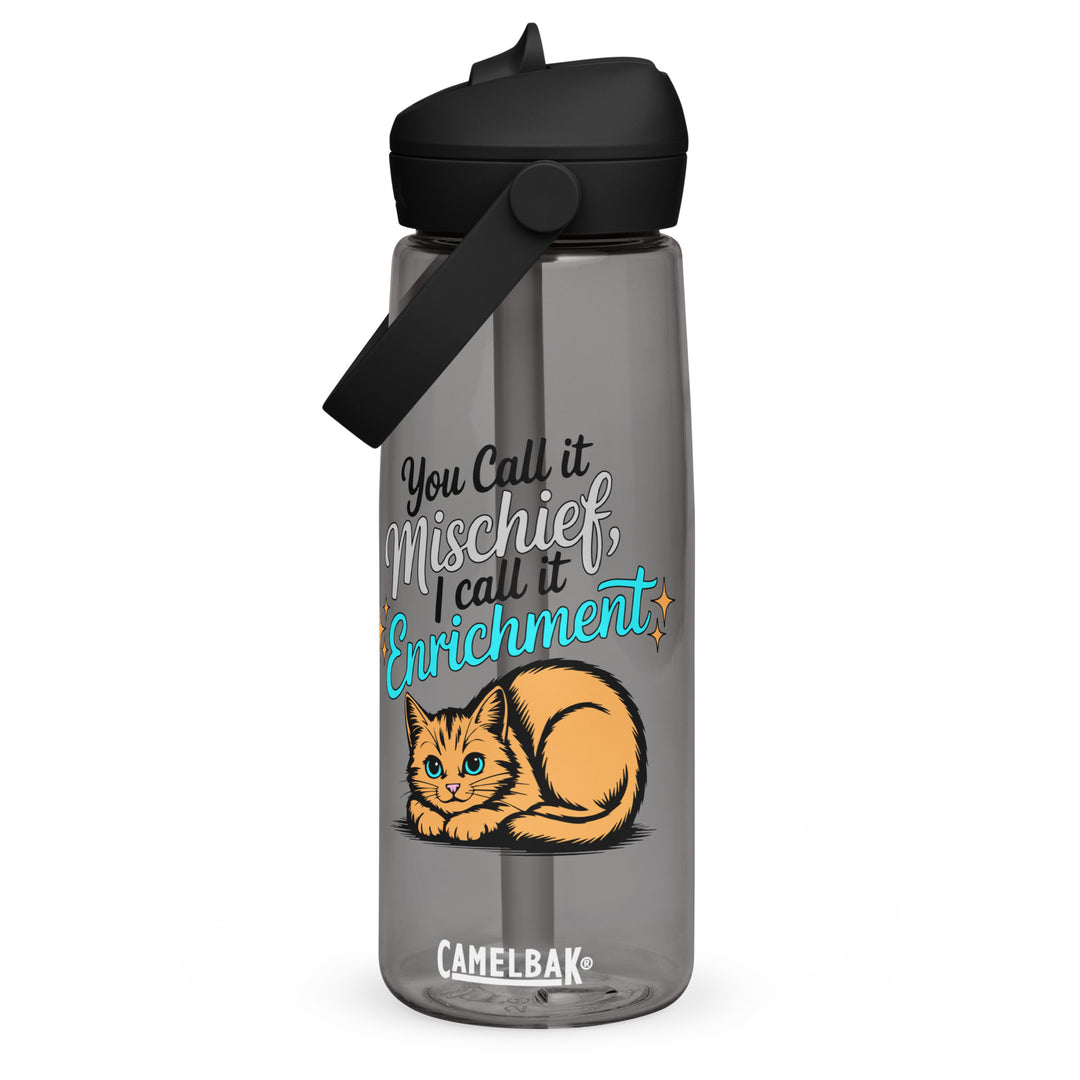 Charcoal Camelbak flip-straw water bottle with “You Call it Mischief, I Call it Enrichment” orange cat design shown from the front.