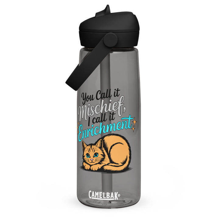 Charcoal Camelbak flip-straw water bottle with “You Call it Mischief, I Call it Enrichment” orange cat design shown from the front.