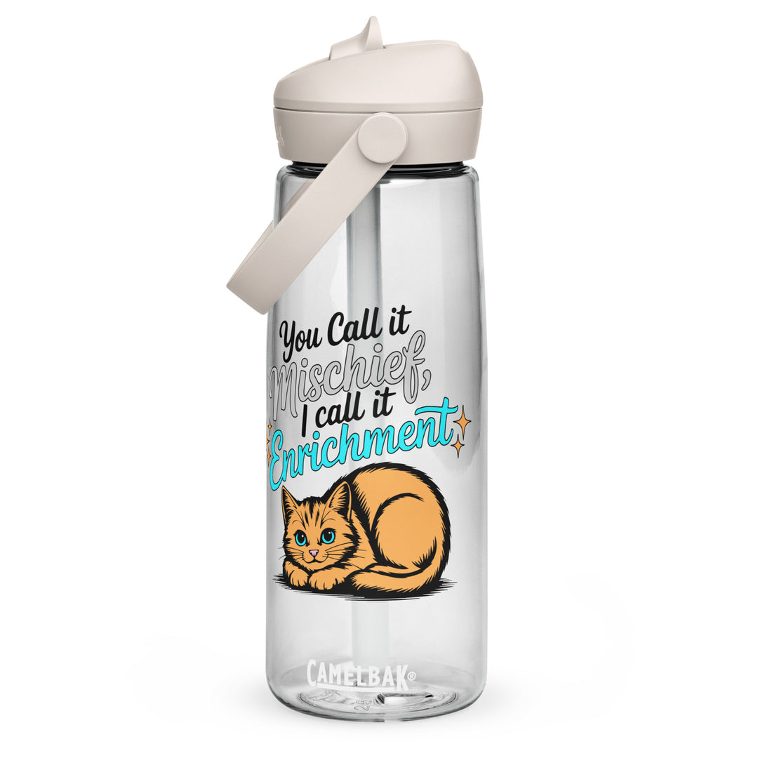 Clear Camelbak flip-straw water bottle with “You Call it Mischief, I Call it Enrichment” orange cat design shown from the front.