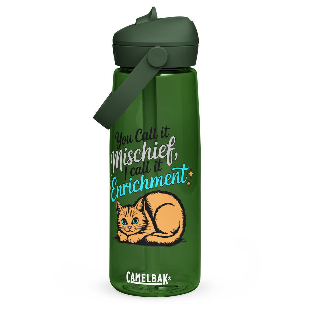 Green Camelbak flip-straw water bottle with “You Call it Mischief, I Call it Enrichment” orange cat design shown from the front.